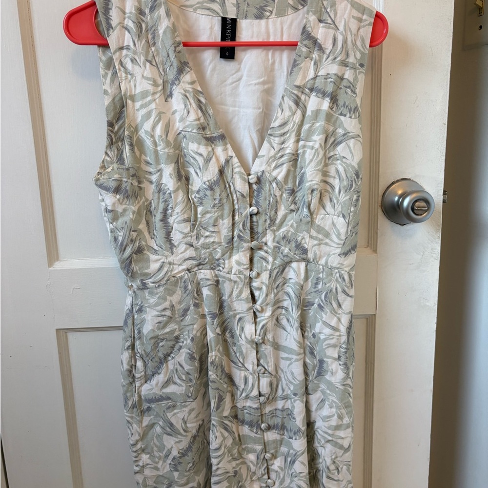 MINKPINK Leaf Patterned Dress in Cream and Green